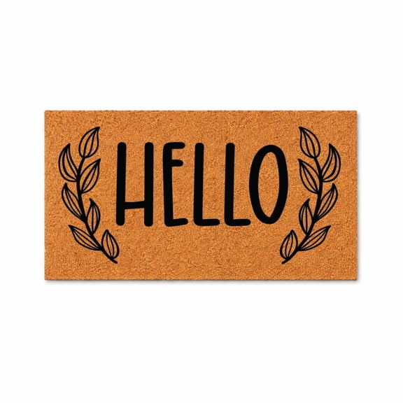 HELLO, Leaf Branch Design - Brown Coir PVC Outdoor Doormat (24x48 inches) 5647