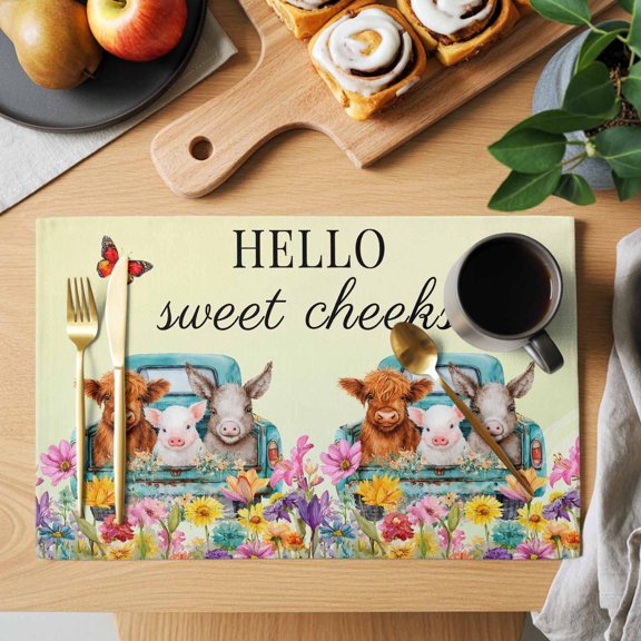 HELLO Placemats Set of 1, Sweet Farm Cow Pig Donkey Cheeks Spring Florals Butterfly Heat Insulated Linen Place Mats, Washable Stain-Proof Table Mats for Dining Tables Holiday Decor 13x19 Inches