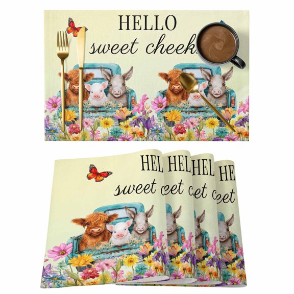 HELLO Placemats Set of 1, Sweet Farm Cow Pig Donkey Cheeks Spring Flowers Butterfly Non-Slip Place Mats Washable Table Mats for Kitchen Dining Table Decorations Indoor/Outdoor