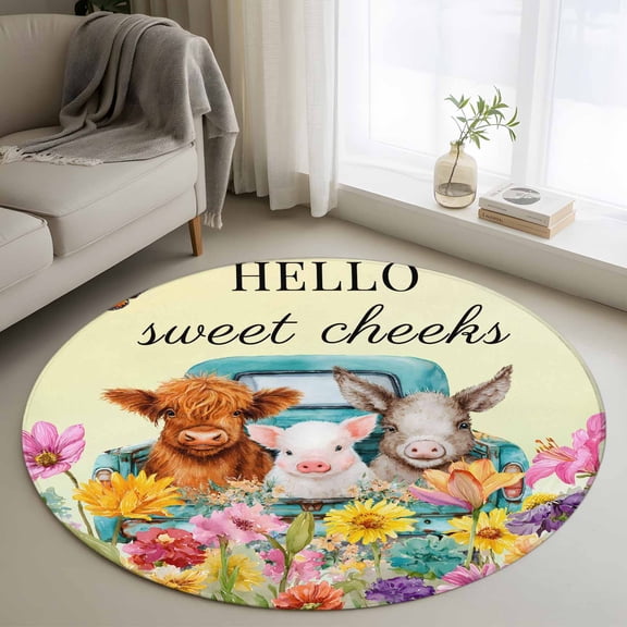 HELLO Round Rugs for Living Room 3ft Sweet Farm Cow Pig Donkey Cheeks Spring Florals Butterfly Non Slip Circle Rug Washable Low-Profile Indoor Carpet for Bedroom, Dining Room, Bathroom