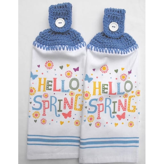 HELLO SPRING - FLOWERS & BUTTERFLIES - 2 HANDMADE CROCHET TOP HANGING KITCHEN TOWELS