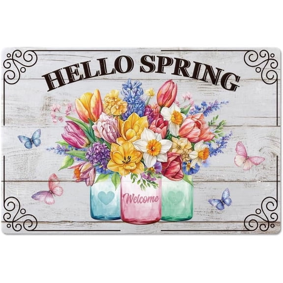 "HELLO SPRING" Metal Tin Sign 8x12in Vintage Mason Jar Tin Painting Tin Signs Flower Butterfly Wall Poster Plaque for Home Garden Office Living Rooms Kitchens Spring Events