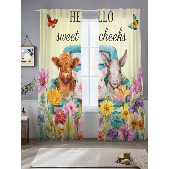 HELLO Sheer Curtains 84 inches Long, Sweet Farm Cow Pig Donkey Cheeks Spring Florals Butterfly Light Filtering Sheer Window Curtains Rod Pocket Voile Drapes for Bedroom Living Room, 2 Panels