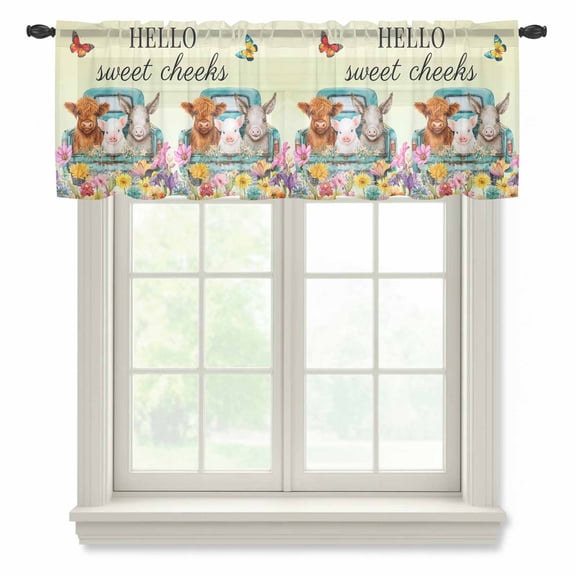 HELLO Sheer Valances for Windows, Sweet Farm Cow Pig Donkey Cheeks Spring Flowers Butterfly Semi Sheer Kitchen Valance Rod Pocket Small Voile Window Curtains for Living Room Bedroom 42 x 12 Inch