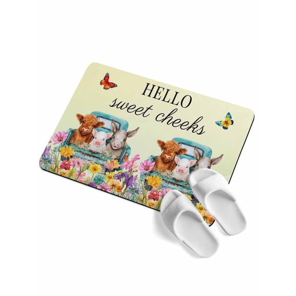 HELLO Soft Diatomaceous Earth Mat, Sweet Farm Cow Pig Donkey Cheeks Spring Florals Butterfly Absorbent Bath Mat Non Slip Rubber Backed Quick Dry Doormat Fit Under Door for Bathroom Kitchen 16"x24"