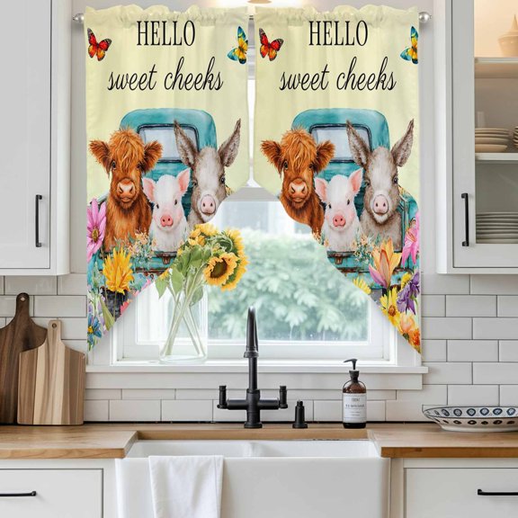 HELLO Swag Curtain Valance for Windows, Sweet Farm Cow Pig Donkey Cheeks Spring Flowers Butterfly Window Treatments Short Swag Topper for Kitchen Windows Bathroom Bedroom, 36"x63"