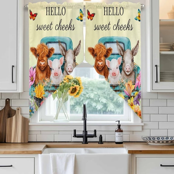 HELLO Swag Curtain Valance for Windows, Sweet Farm Cow Pig Donkey Cheeks Spring Flowers Butterfly Window Treatments Short Swag Topper for Kitchen Windows Bathroom Bedroom, 28"x36"