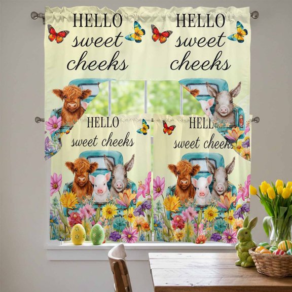 HELLO Swag Curtains Valance & Tier Set, Sweet Farm Cow Pig Donkey Cheeks Spring Florals Butterfly 3 Pcs Set Kitchen Swag Valances and Tiers 36 Inch Length Rod Pocket Curtain Drapes for Bedroom