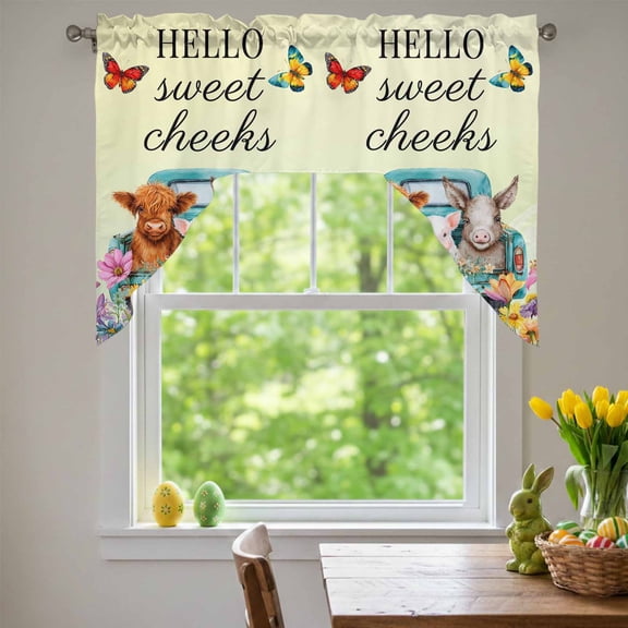 HELLO Swag Valances for Kitchen Window, Sweet Farm Cow Pig Donkey Cheeks Spring Florals Butterfly Small Swag Valances Rod Pocket Curtain Drapes Window Treatment for Bedroom Bathroom, 56x36 Inch