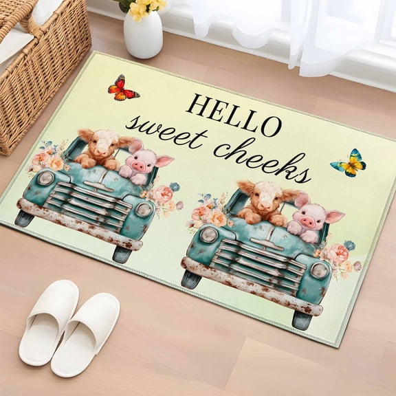 HELLO Sweet Cheeks 2'x3' Rug for Entryway Front Door Kitchen Sink Area, Flower Cars Cows Pigs Yellow Green Ombre Low Pile Washable Non Slip Rectangle Area Rug