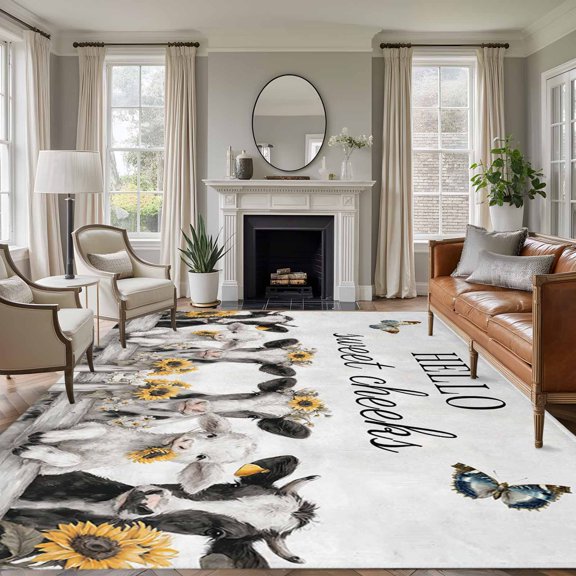 HELLO Sweet Cheeks 8'x10' Large Area Rug for Living Room Sectional Sofa, Retro Grey Theme Cows Sheep Sunflowers Farm Washable Non Slip Low Pile Rectangle Area Rug
