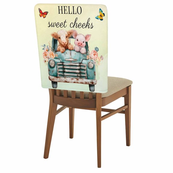 HELLO Sweet Cheeks Chair Back Covers Set of 8 Flower Cars Cows Pigs Yellow Green Ombre Removable Dining Chair Slipcovers Washable Seat Protector for Restaurant Party Banquet Kichen Decor