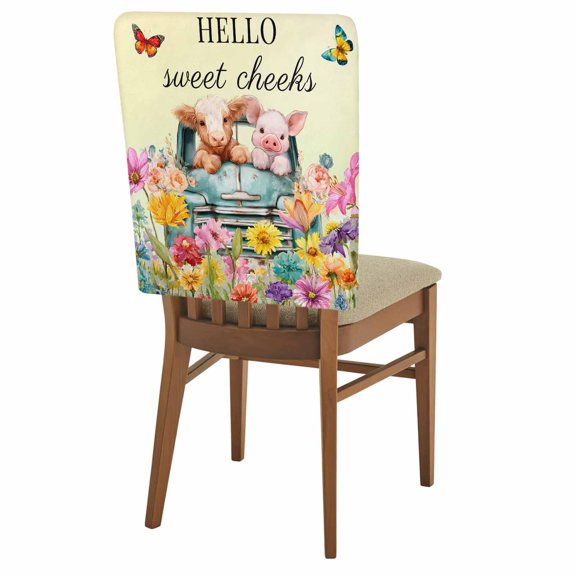 HELLO Sweet Cheeks Chair Back Covers Set of 8 Flowers Cars Cows Pigs Butterflies Yellow Removable Dining Chair Slipcovers Washable Seat Protector for Restaurant Party Banquet Kichen Decor