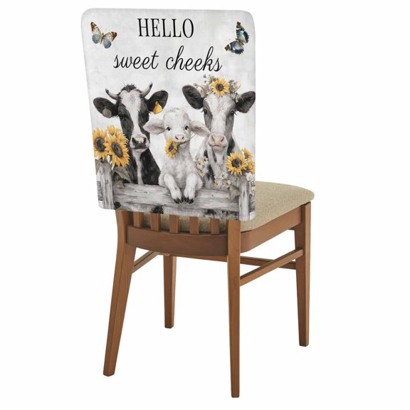 HELLO Sweet Cheeks Chair Covers Set of 1 Retro Grey Theme Cows Sheep Sunflowers Farm Chair Back Covers Stretch Removable Washable Slipcovers Protector for Dining Room Kitchen Party Decor