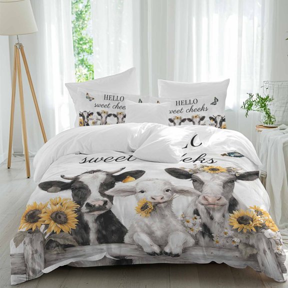 HELLO Sweet Cheeks Comforter Set Twin Size, Retro Grey Theme Cows Sheep Sunflowers Farm Soft Bedding Set for Man Woman, 4 Pieces Duvet Cover Set with Fitted Sheet, 2 Pillowcases