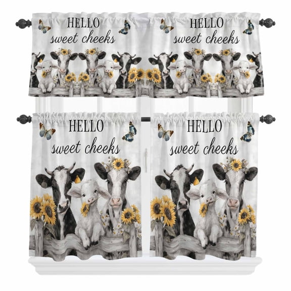 HELLO Sweet Cheeks Curtain Valances Set Retro Grey Theme Cows Sheep Sunflowers Farm Kitchen Curtains 36 inch Length Rod Pocket Valance and Tiers 3 Piece Set Small Bedroom Bathroom Laundry Decor