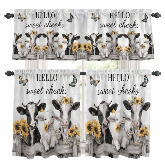 HELLO Sweet Cheeks Kitchen Curtains Valances and Tiers Set of 3 Retro Grey Theme Cows Sheep Sunflowers Farm Tier Curtains and Valance with Rod Pocket for Small Windows, 27.5"x24"