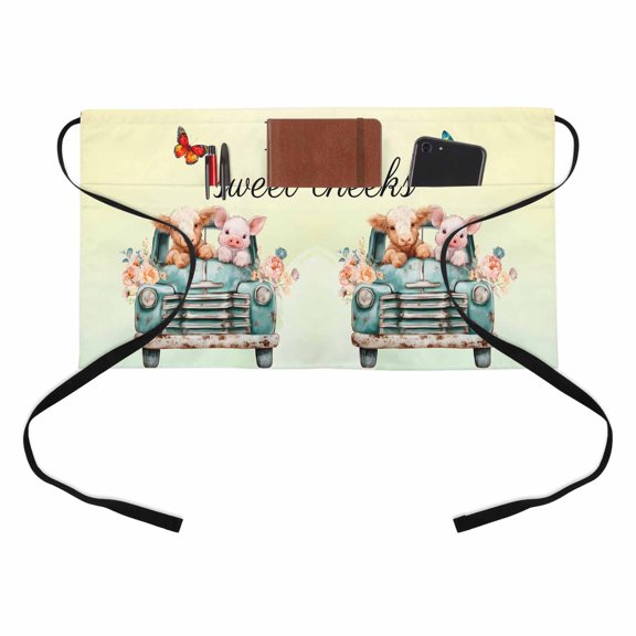 HELLO Sweet Cheeks Kitchen Restaurant Half Waist Apron, Flower Cars Cows Pigs Yellow Green Ombre Server Short Apron with 3 Pockets Waterproof Oil Waist Aprons for Women Waitress Waiter