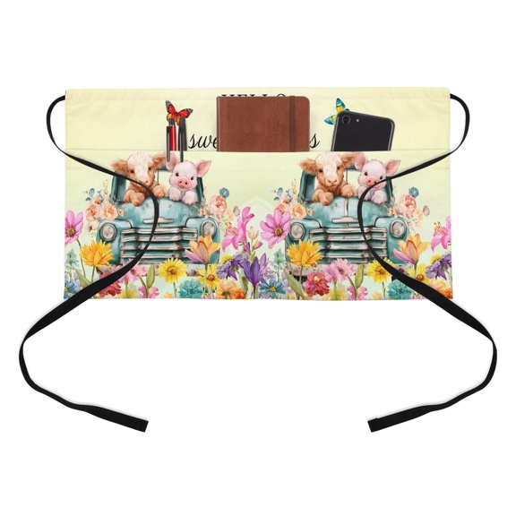 HELLO Sweet Cheeks Kitchen Restaurant Half Waist Apron, Flowers Cars Cows Pigs Butterflies Yellow Server Short Apron with 3 Pockets Waterproof Oil Waist Aprons for Women Waitress Waiter