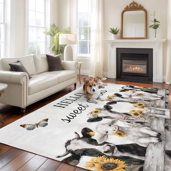 HELLO Sweet Cheeks Large Area Rugs 5x8 ft Retro Grey Theme Cows Sheep Sunflowers Farm Washable Rug Non Slip Indoor Carpet Absorbent Floor Mat for Living Room Bedroom Dining Room