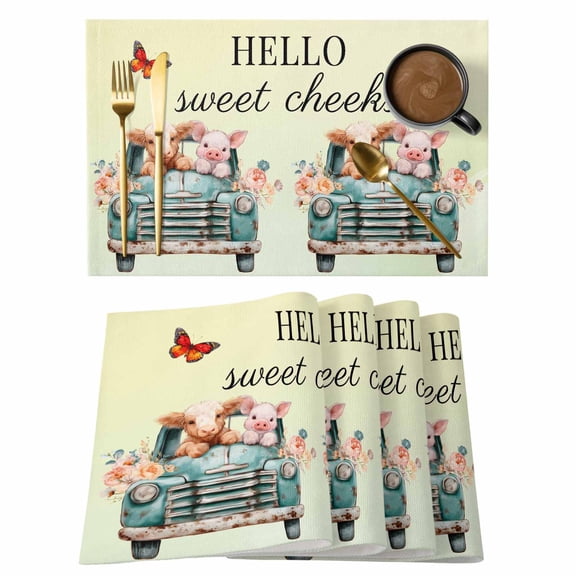 HELLO Sweet Cheeks Placemats Set of 1, Flower Cars Cows Pigs Yellow Green Ombre Non-Slip Place Mats Washable Table Mats for Kitchen Dining Table Decorations Indoor/Outdoor