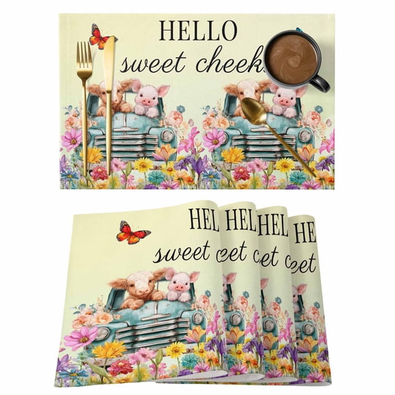 HELLO Sweet Cheeks Placemats Set of 1, Flowers Cars Cows Pigs Butterflies Yellow Non-Slip Place Mats Washable Table Mats for Kitchen Dining Table Decorations Indoor/Outdoor