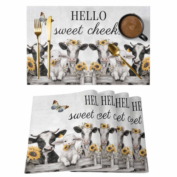 HELLO Sweet Cheeks Placemats Set of 1, Retro Grey Theme Cows Sheep Sunflowers Farm Non-Slip Place Mats Washable Table Mats for Kitchen Dining Table Decorations Indoor/Outdoor