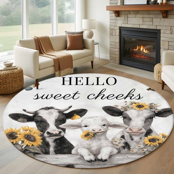HELLO Sweet Cheeks Round Rugs for Living Room 7ft Retro Grey Theme Cows Sheep Sunflowers Farm Non Slip Circle Rug Washable Low-Profile Indoor Carpet for Bedroom, Dining Room, Bathroom