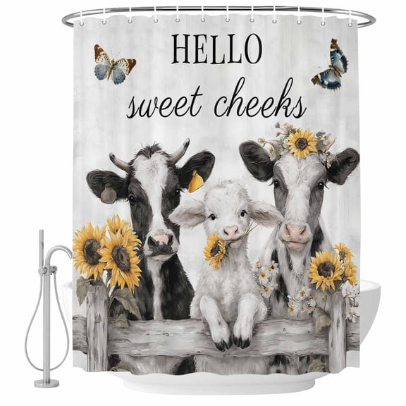 HELLO Sweet Cheeks Shower Curtain for Bathroom, Retro Grey Theme Cows Sheep Sunflowers Farm Waterproof Cloth Fabric Bathroom Accessories Set with 9 Rust Proof Plastic Hooks, 36"x72"
