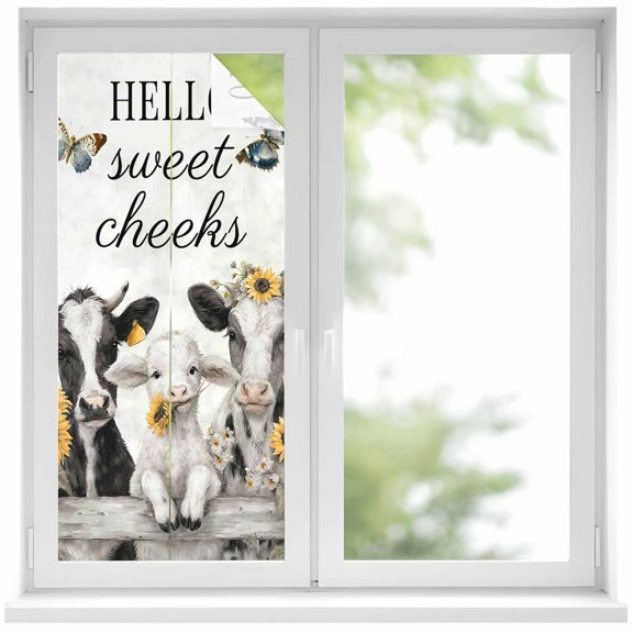 HELLO Sweet Cheeks Window Privacy Film, Retro Grey Theme Cows Sheep Sunflowers Farm Frosted Glass Window Clings Static Cling UV Heat Blocking Reusable Door Sticker for Bathroom 19.6 x 39.3 Inch