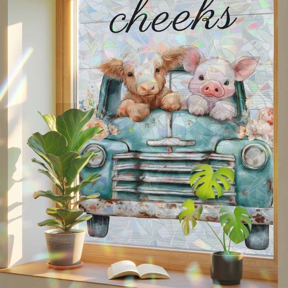 HELLO Sweet Cheeks Window Privacy Film, Vintage Cars Cows Pigs Butterfly Wood Grain Stained Glass Rainbow Film Decorative Window Clings, Static Cling Sun Blocking Stickers 17.7" x 39.3"