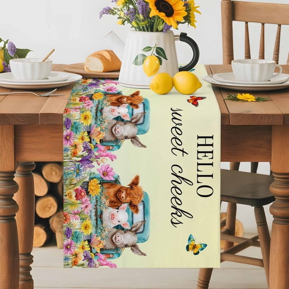 HELLO Table Runner 13x36 Inch Sweet Farm Cow Pig Donkey Cheeks Spring Florals Butterfly Cotton Linen Dining Table Runner Ideal for Dresser Kitchen Coffee Tables - Machine Washable