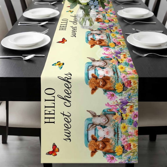 HELLO Table Runner, Sweet Farm Cow Pig Donkey Cheeks Spring Flowers Butterfly Washable Cotton-linen Table Runners Dining Kitchen Decoration for Everyday Home Wedding Party Decor, 13 x 36 Inch