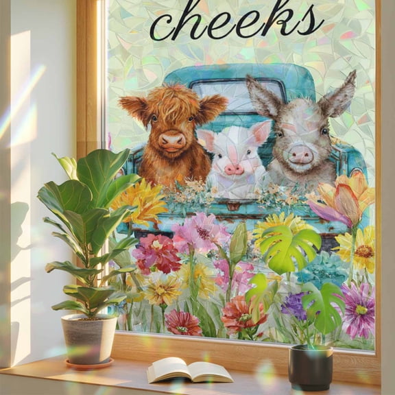 HELLO Window Privacy Film, Sweet Farm Cow Pig Donkey Cheeks Spring Florals Butterfly Stained Glass Rainbow Film Decorative Window Clings, Static Cling Sun Blocking Stickers 17.7" x 39.3"