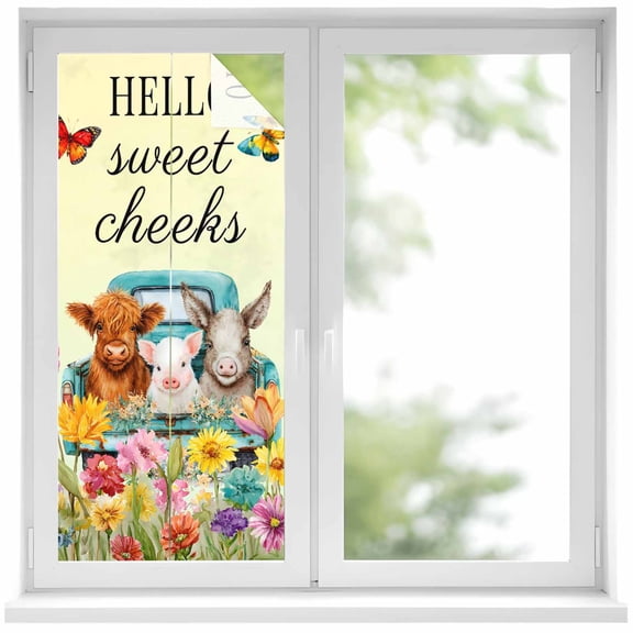 HELLO Window Privacy Film, Sweet Farm Cow Pig Donkey Cheeks Spring Flowers Butterfly Frosted Glass Window Clings Static Cling UV Heat Blocking Reusable Door Sticker for Bathroom 19.6 x 39.3 Inch