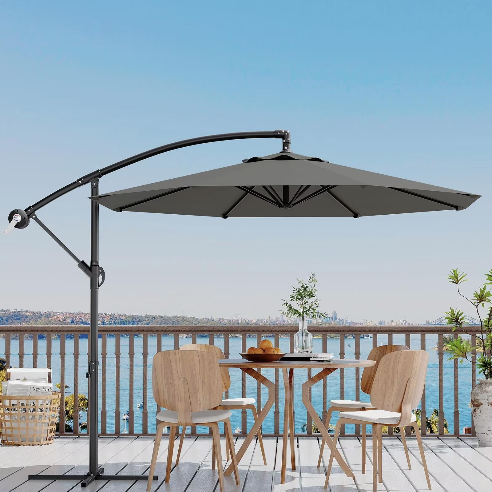 HELLONE 10FT Cantilever Umbrella outdoor patio, Offset Patio Umbrella with Easy Lift & Tilt Adjustment, UV Protection Fade Resistant for Deck, Pool, Garden, Grey