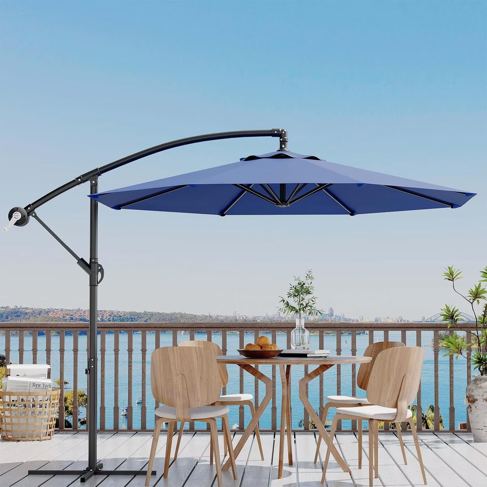 HELLONE 10FT Cantilever Umbrella outdoor patio, Offset Patio Umbrella with Easy Lift & Tilt Adjustment, UV Protection Fade Resistant for Deck, Pool, Garden, Navy Blue