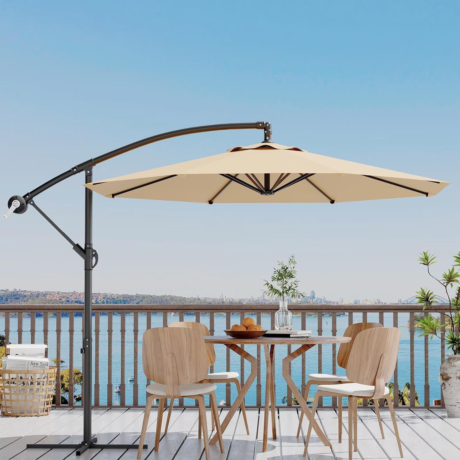 HELLONE 10FT Cantilever Umbrella outdoor patio, Offset Patio Umbrella with Easy Lift & Tilt Adjustment, UV Protection Fade Resistant for Deck, Pool, Garden, Tan
