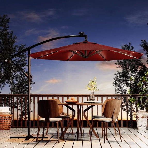 HELLONE 10FT Solar Lights Cantilever Umbrella outdoor patio, Offset Patio Umbrella with Easy Lift & Tilt Adjustment, UV Protection Fade Resistant for Deck, Pool, Garden, Burgundy