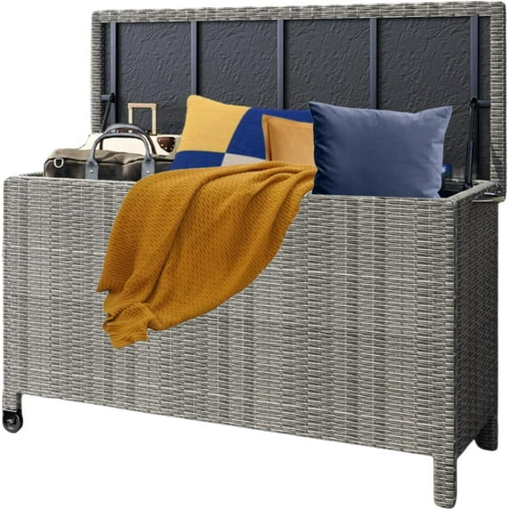 HELLONE 150 Gal Large Outdoor Deck Storage Box, PE Rattan Storage Bench with Wheels for Patio Backyard Furniture Cushions, Gardening Tools, Pool Supplies, 55" x 23.5" x 31.5", Grey