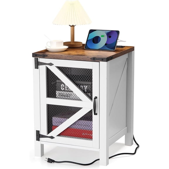 HELLONE 18" Nightstand with Charging Station, Farmhouse Night Stand End Table with Barn Door, Rustic Wood Sofa Side Table with Storage for Bedroom Living Room, White&Brown