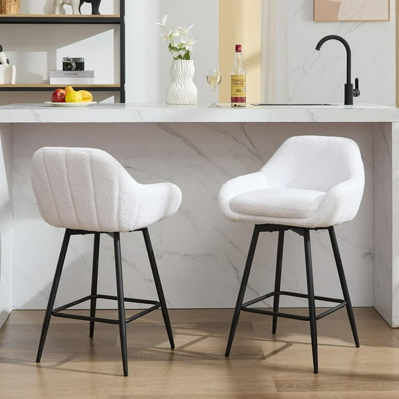 HELLONE 2 Pieces Modern Swivel Bar Stools, 26" Counter Height Bar Stools for Kitchen Island, Upholstered Sherpa Fabric Barstools Island Chairs with Backs and Metal Legs, White