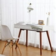 thumbnail image 1 of HELLONE 42'' Home Office Writing Desk, Mid Century Modern Desk with Drawer, Small White Computer Table Vanity Table for Bedroom, White, 1 of 7