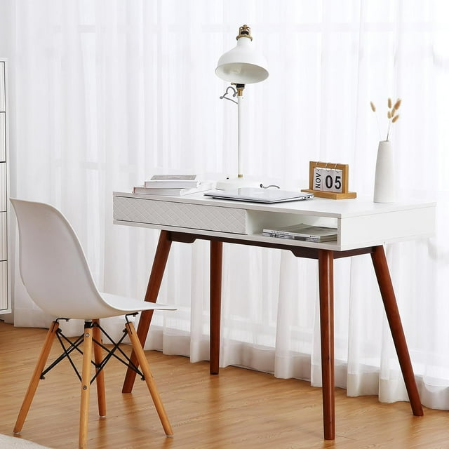 HELLONE 42'' Home Office Writing Desk, Mid Century Modern Desk with Drawer, Small White Computer Table Vanity Table for Bedroom, White