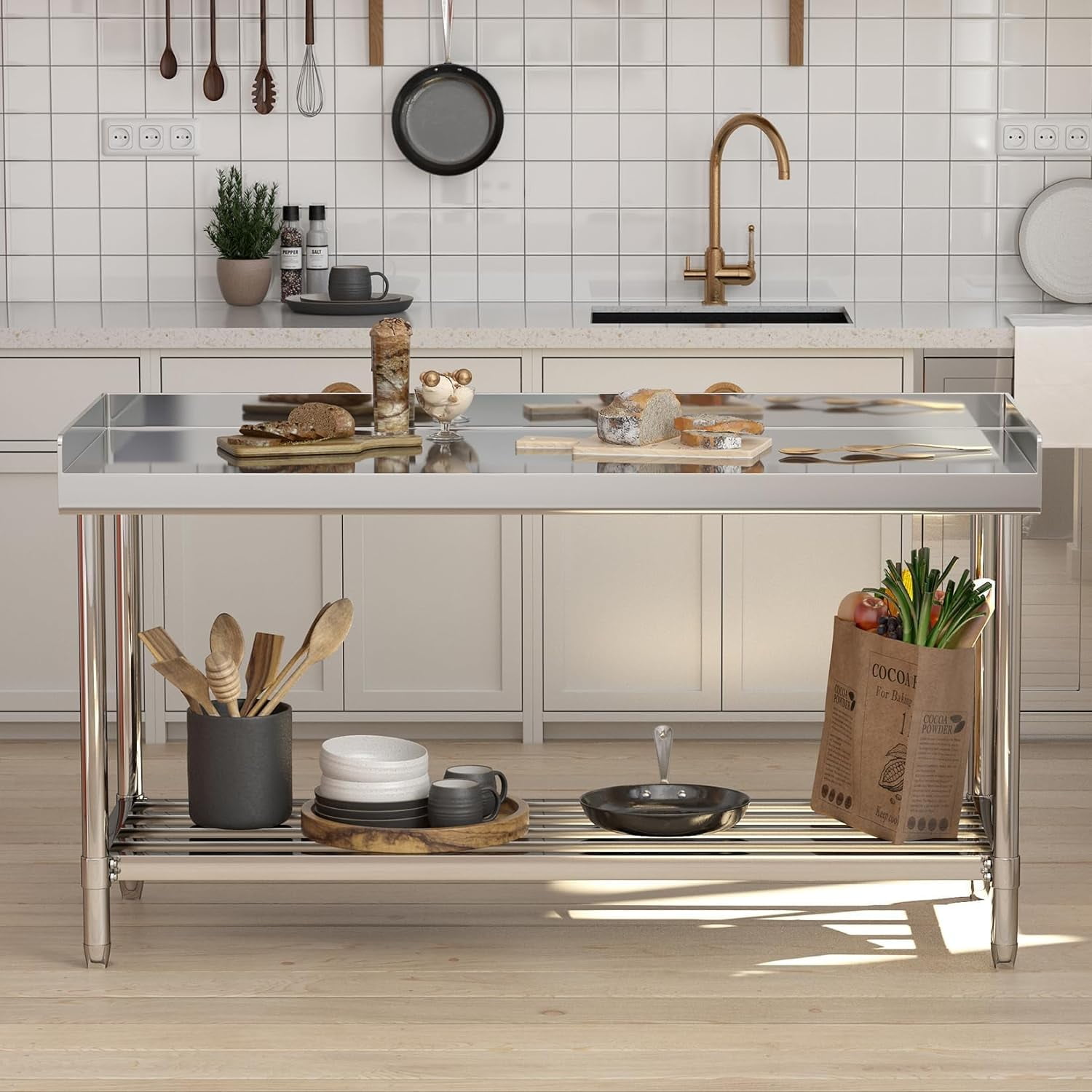 HELLONE 48 x 24 IN Stainless Steel Work Table, Commercial Prep Heavy-Duty Stainless Steel Kitchen Island with Backsplash and Undershelf, for Kitchen Restaurant Home and Hotel