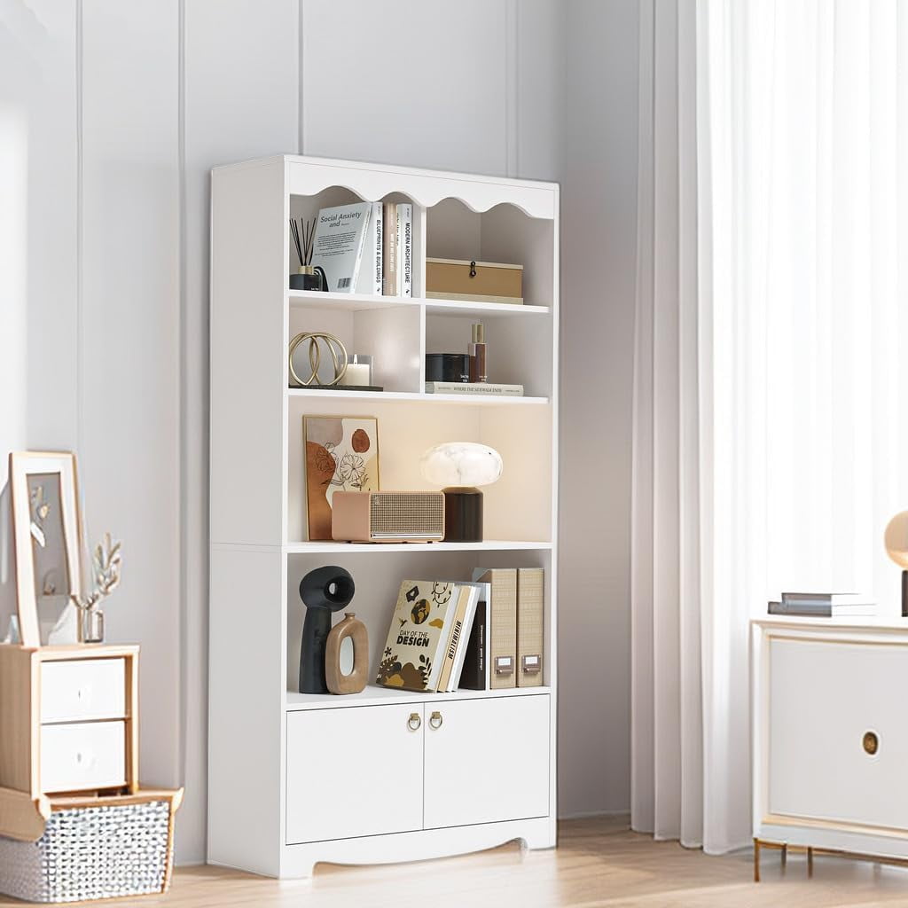 63-Inch White Wooden 5-Tier Storage Cabinet with Doors