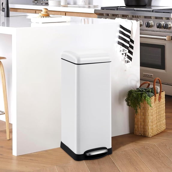 HELLONE 8 Gallon Bathroom Step Trash Can, 30-Liter Square Stainless Steel Foot Pedal Garbage Can with Soft-Close Lid for Kitchen, with Removable Inner Bucket, White