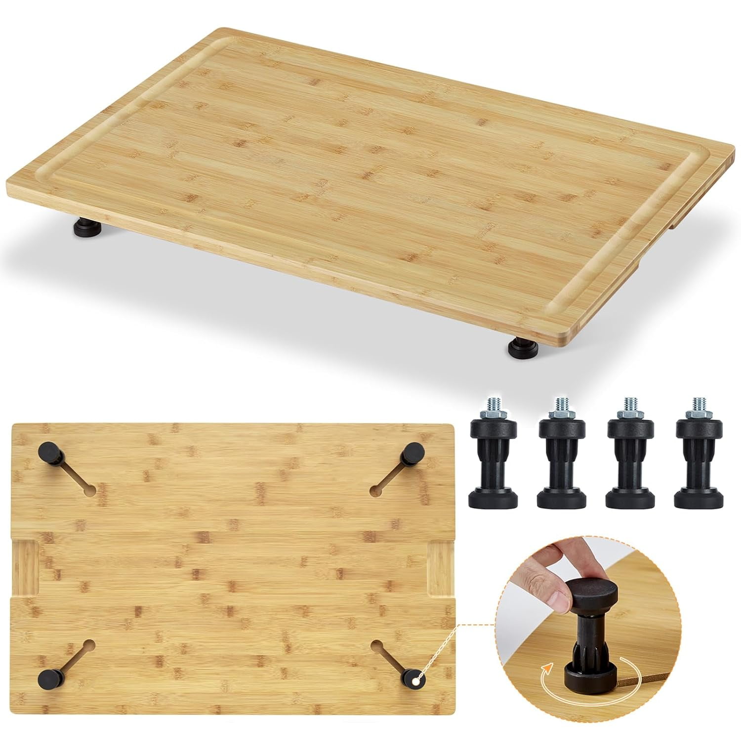HELLONE Bamboo Cutting Board Stovetop Cover, 30"x20" Extra Large Noodle Board with 4 Removable Feet, Juice Groove, Wooden Stove Top Covers for Electric Stove, Gas Burners, Counter Space