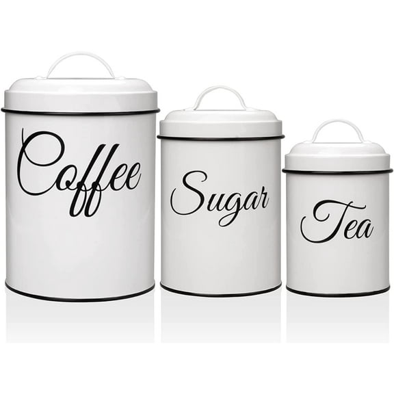 HELLONE Canister Sets for Kitchen Counter, Coffee Tea Sugar Canister Set, Airtight White Food Storage Jars with Lids, Rustic Farmhouse Kitchen Decor, 3 pcs