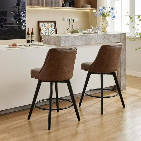 HELLONE Counter Height Bar Stools Set of 2, Modern Swivel Bar Stools with Back and Wood Legs, 26" H Seat Height for Kitchen Island Home Bar, Leather Brown